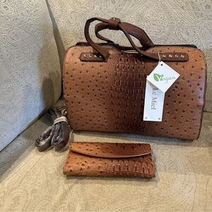 Le Miel Handbag And Wallet Faux Ostrich Vegan With Metal Filigree Hard To Find